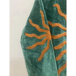 Emerald <b>Velvet</b> Mandarin Collar <b>Jacket</b> With Hand Embroidered Sun Design Full Sleeve Autumn Wear - Product Image 2