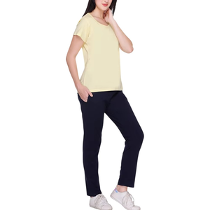 Women's Yellow Short Sleeve Crew Neck T-Shirt With Black Full Length <b>Pants</b> Side Pockets Elastic Waist Casual Summer Wear - Product Image 1