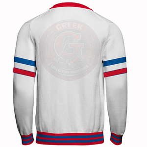 Cardigan blanc pour fraternité et sororité, rayé rouge et bleu, en acrylique tricoté, à manches longues, boutonné devant, pour homme, idéal pour l'école et le collège. - Product Image 2