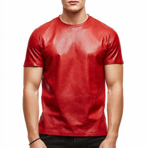 T-shirt matelassé en cuir véritable pour homme, col rond, manches courtes, couleur unie - Style urbain, écologique, respirant et anti-UV - Product Image 4
