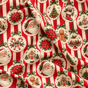 Tela de Algodón Navideña con Rayas Rojas, Patrón de Papá Noel, Galleta de Jengibre y Árbol, Material de Costura Festivo - Product Image 3