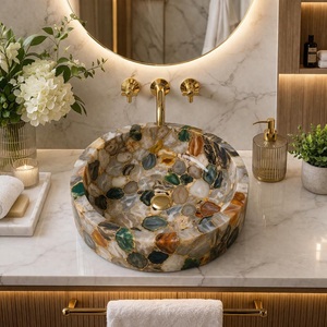 Agra Heritage Marble Crafts Handcrafted White Agate Gemstone Vessel <b>Basin</b> Eco-Friendly Modern Design for Bathroom Countertop - Product Image 1