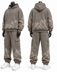 Conjunto de chándal de lujo gris piedra extragrande para hombre, con sudadera pesada y joggers cargo con estampado de montaña, OEM ODM, personalizado, estilo urbano - Product Image 3