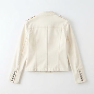 Blouson moto en jean tricoté boutonné pour femme, style vintage, respirant, écologique, col montant uni, coupe ajustée, décontracté rétro, automne - Product Image 2