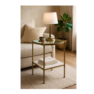 Luxury Brushed Brass Accent <b>Table</b> 2 Layer Round Coffee <b>Table</b> with Clear Tempered Glass Top and <b>White</b> <b>Marble</b> Lower Tier Storage - Product Image 2