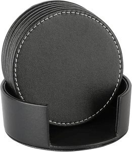 Set of 6 Black Leather Coasters 4 Inch Round Non‑Slip Drink Coasters for Table & <b>Desk</b> Spill Protection for Coffee Cups Coaster - Product Image 1