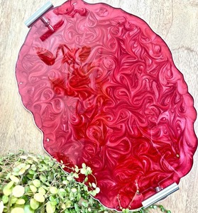 <b>Red</b> Epoxy Resin Swirl Tray with Handles – Handmade Decorative Serving Tray By Perfect Enterprises - Product Image 1