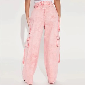 Pantalones Cargo Tie Dye Rosa, Cintura Alta, Corte Holgado, Largos, con Múltiples Bolsillos, Casuales, para Mujer, Material de Lona - Product Image 3