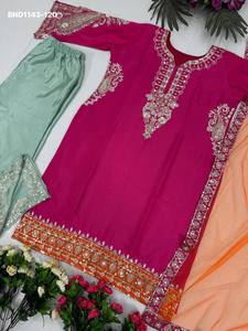 Última Colección de Trajes Chinon de Diseñador con Lentejuelas Bordadas, Mangas Elegantes y Dupatta, Compra en Línea en India - Product Image 4
