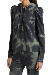 Sudadera con capucha personalizada para mujer, con hombros abullonados, de algodón French Terry, con efecto tie-dye en espiral, color verde oliva, ajustada, OEM al por mayor - Product Image 1