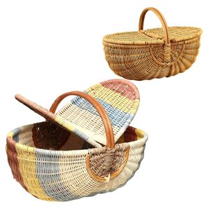 PHU HAO Customizable Vintage Natural RATTAN Harvest Picnic <b>Basket</b> with Double Handles for Daily Storage and Grocery - Product Image 1