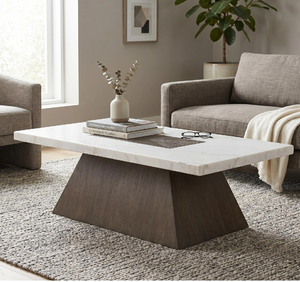 Mesa de centro moderna de dos tonos con una superficie negra y una de mármol blanco sobre una base gruesa de doble cilindro negro, a precio de mayorista. - Product Image 6