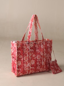 OEM Assorted Red Floral Quilted Cotton Tote <b>Bag</b> with Pouch - Eco-Friendly <b>Boho</b> Reusable Shopper - Product Image 2
