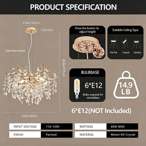 Lampadario Moderno a 6 Luci con Rami in Cristallo Dorato da 23,6 Pollici, Pendente Lungo per Sala da Pranzo - Product Image 6