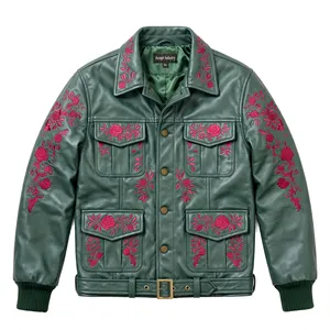 Veste unisexe en similicuir vert avec broderie florale rose, style trucker, 4 poches, ceinturée, mode western vintage - Product Image 1