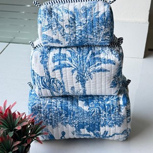 Blue White Tropical Print Cotton Cosmetic Organizer Toiletry <b>Bag</b> Set Multi-Function Large Size Classic Style No Zipper - Product Image 5