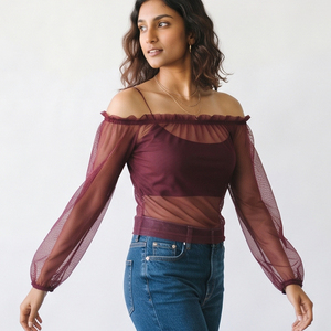 Women's Off The Shoulder <b>Mesh</b> Blouse Full Sleeve Sheer Sexy <b>Top</b> Summer Lightweight Blouse Off Shoulder Shirt <b>Top</b> Women - Product Image 4