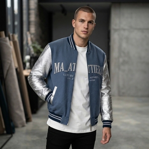 Men Blue Wool <b>Jacket</b> <b>Silver</b> Metallic Leather Sleeves Full Zip Bomber Custom Embroidered Premium Streetwear - Product Image 4