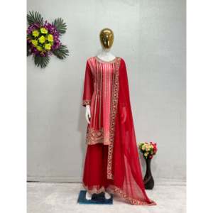 ST Designer Stone Hand Work Top Plazzo y Dupatta en rojo Tamaño 42 para vestidos de novia - Product Image 1