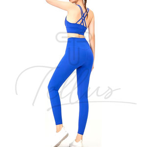 Women Yoga Set High Waist Full Length Leggings <b>Crop</b> <b>Top</b> Racerback Sleeveless Solid Blue Seamless Four-Way Stretch 2 Piece - Product Image 3