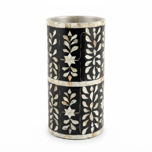 Vase à fleurs cylindrique de luxe fait main en os incrusté, motif géométrique bleu et blanc classique, pot de fleurs décoratif de table - Product Image 3