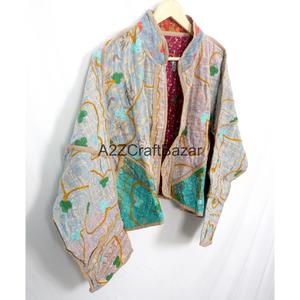 Indian 100% Cotton Hand Block Print Breathable Nonwoven Quilted Vintage <b>Kantha</b> Patch Work Women Winter <b>Jackets</b> - Product Image 4