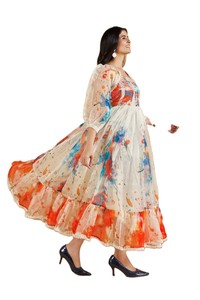Boho Midi Chiffon <b>Dress</b> with Floral Print Flutter Sleeve A-Line Organza Summer Party Square Neck Loose Fit Layered Hem - Product Image 3