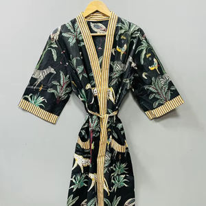 Robe kimono décontractée de luxe en coton pur, faite à la main en Inde, avec ceinture, style japonais, sans manches, été/hiver - Product Image 1