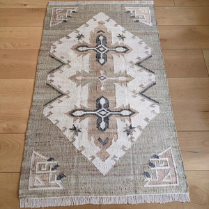 HARI ENTERPRISES Tapis d'intérieur vintage fait main en jute, patchwork, rectangulaire, à bordure marron, à poils ras, fin, antidérapant, antibactérien, anti-taches - Product Image 4