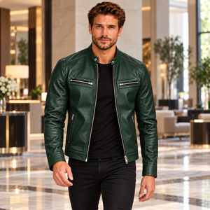 Veste d'extérieur en cuir véritable vert pour homme OEM, design moderne à col montant avec poches zippées sur la poitrine et sur les côtés - Product Image 4