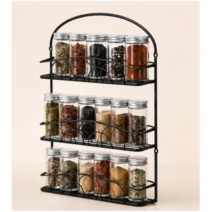 Étagère à épices vintage à 3 niveaux en métal pour comptoir de cuisine, support de rangement pour assaisonnements, en fer thermolaqué noir, sur pied - Product Image 3