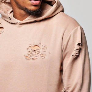 Sudadera con Capucha Beige para Hombre, Estilo Desgastado, Corte Holgado, Felpa Francesa de Algodón, Informal, para Otoño, con Bolsillos - Product Image 5