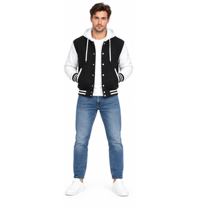 Veste universitaire personnalisée pour hommes, en laine mélangée, à capuche, avec empiècements sur le devant, style streetwear, service OEM - Product Image 4