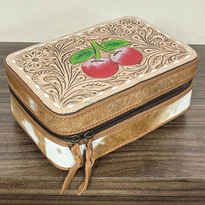 New Arrival Hand Tooled Cherry Design <b>Fur</b> Leather Portable Jewelry Case Luxury Zipper Closure Women Gift & Jewelry Organizer Box - Product Image 4