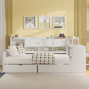 Divano letto multifunzionale a L in legno con sette armadietti e due cassetti, include scrivania e vanità integrate - Product Image 1