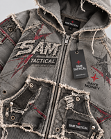 Veste à capuche zippée pour homme SAM TACTICAL, style streetwear oversize, patchwork, gris, polyester, avec poches et logo imprimé