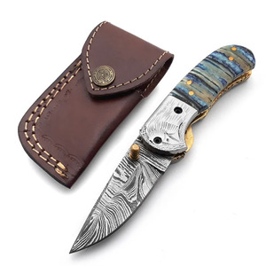 Cuchillo plegable de acero de Damasco de Blade Mark Industries, mango de resina azul, cuchillo de bolsillo para caza, camping y actividades al aire libre, de fábrica. - Product Image 3