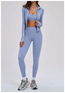 Ensemble de sport 3 pièces pour femme à séchage rapide, respirant et uni : Legging, veste de compression à manches longues et brassière de sport pour le yoga et la gym - Product Image 2