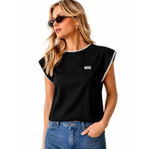Effortless Black <b>Cap</b> Sleeve Blouse Contrast Zigzag Trim Crew Neck women's shirt Customise Embroidery Logo Premium Summer Cotton - Product Image 1