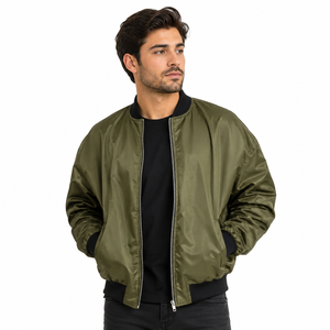 Blouson bomber coupe-vent en nylon vert olive pour homme, fermeture éclair, col montant, vêtement d'extérieur décontracté en polyester, idéal pour l'automne - Product Image 1