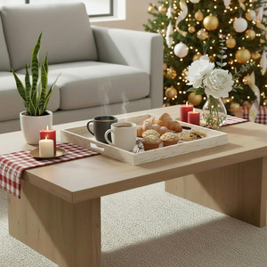 Plateau carré incrusté de nacre et orné de motifs floraux blancs ; le plateau de service possède des poignées. - Product Image 3