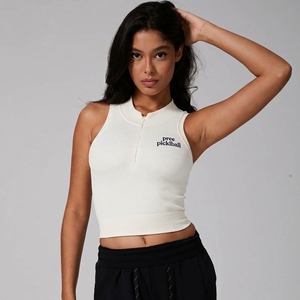 Camiseta sin mangas acanalada con cremallera de un cuarto para mujer, ropa deportiva transpirable de secado rápido, cuello simulado, OEM ODM RTS - Product Image 1