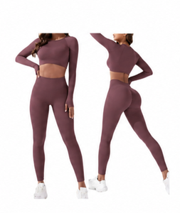 2026 New Design Women's 2 Piece Solid Long Sleeve Quick Dry Spandex/Nylon <b>High</b>-Waisted Yoga Set Activewear Pilates Gym Fitness - Product Image 4