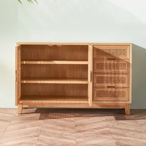 Aparador de Madera India Reciclada Vintage, Tejido a Mano con Ratán, con Dos Puertas y Cuatro Cajones para Sala de Estar - Product Image 1