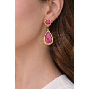 Magnifiques boucles d'oreilles pendantes en quartz rubis, en argent allemand plaqué or 18 carats, faites à la main, bijoux en pierres précieuses - Product Image 3