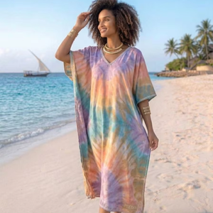 Printed <b>Kaftan</b> Dress Women Beach Wear Loose Fit <b>Summer</b> Cover Up Resort Wear Island Vacation Style Soft Fabric Wholesale Supply - Product Image 3