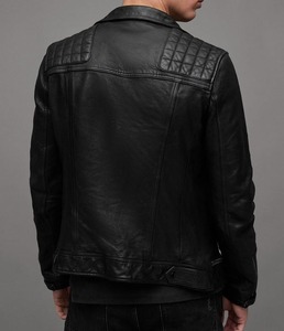 Chaqueta de Cuero para Hombre, Estilo Motero, de Piel de Oveja Negra, con Cuello Alto Acolchado, Cremallera Asimétrica en el Hombro, Corte Ajustado, para Otoño e Invierno - Product Image 3