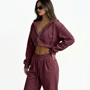 Wholesale Women's Custom Heavyweight Quick Dry Tracksuit Cropped Zip Hoodie Sweatshirt Elastic Waist Pants Side Pockets Casual - Product Image 2