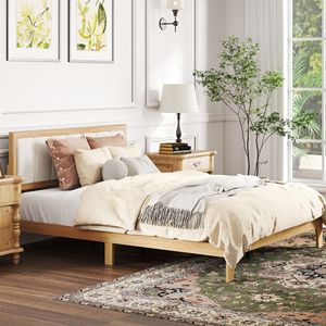 Struttura letto matrimoniale con testiera imbottita, base letto a piattaforma con doghe in legno, nessuna rete a molle necessaria, facile montaggio, stile naturale - Product Image 2
