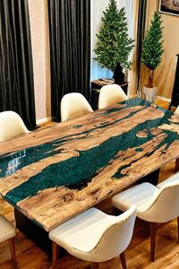 Table à manger en bois de noyer et résine époxy - Design moderne, construction en bois massif durable, fabriquée à la main pour hôtels et entrées - Product Image 3